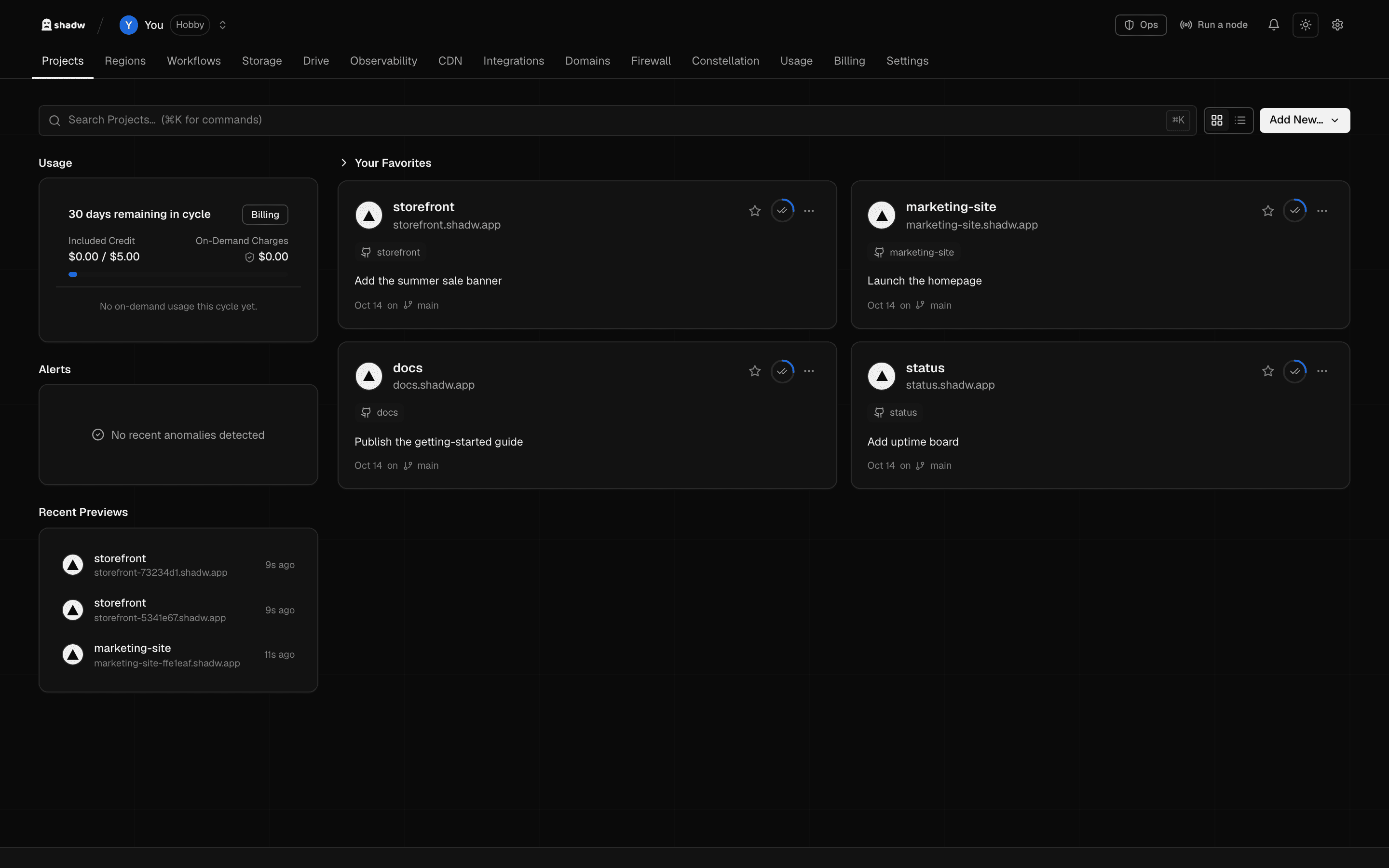 The shadw dashboard on a local machine with four sample projects, storefront, marketing-site, docs and status, each deployed, with recent previews and usage beside them.