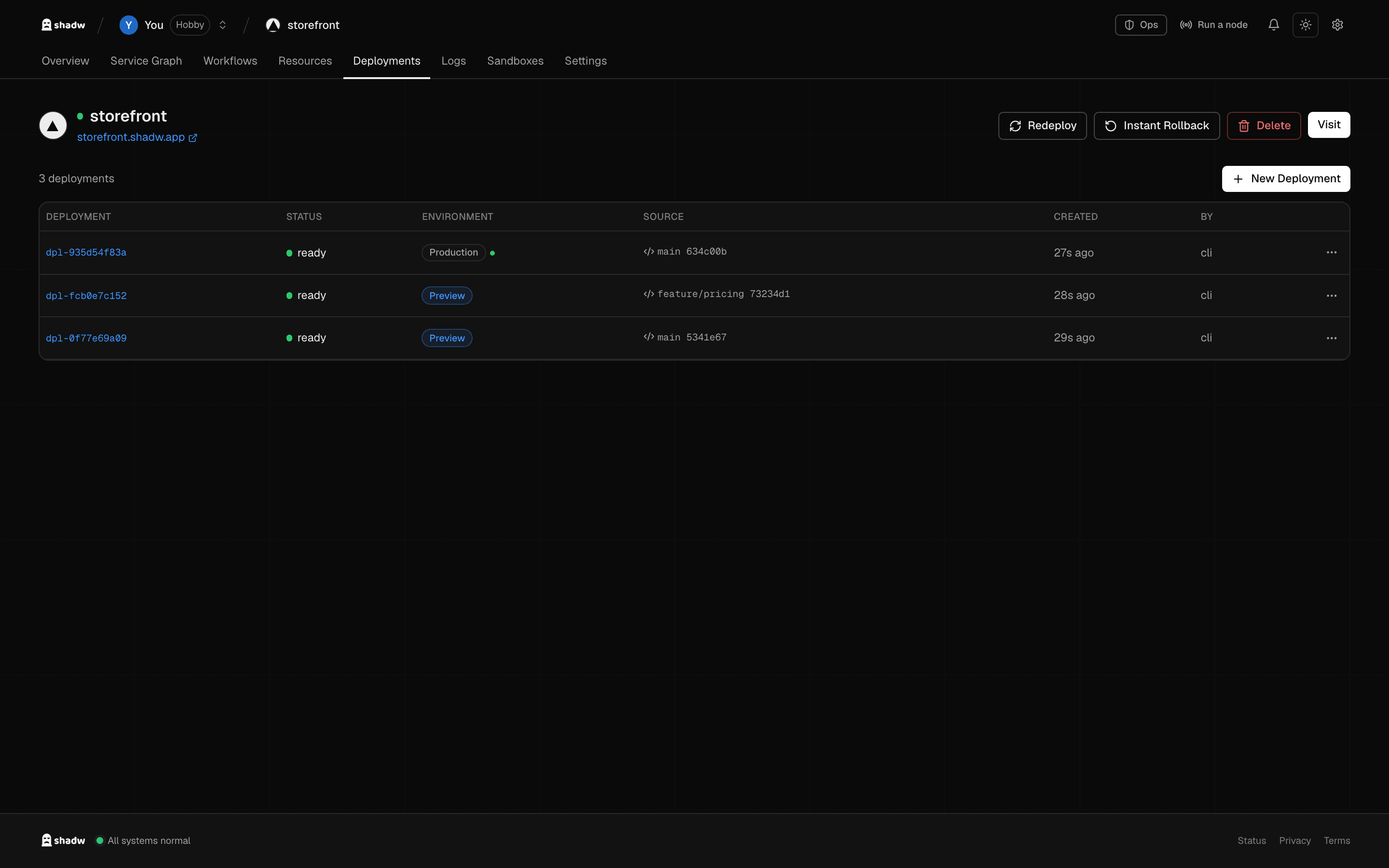A project's Deployments tab: one production deployment and two previews, all ready.